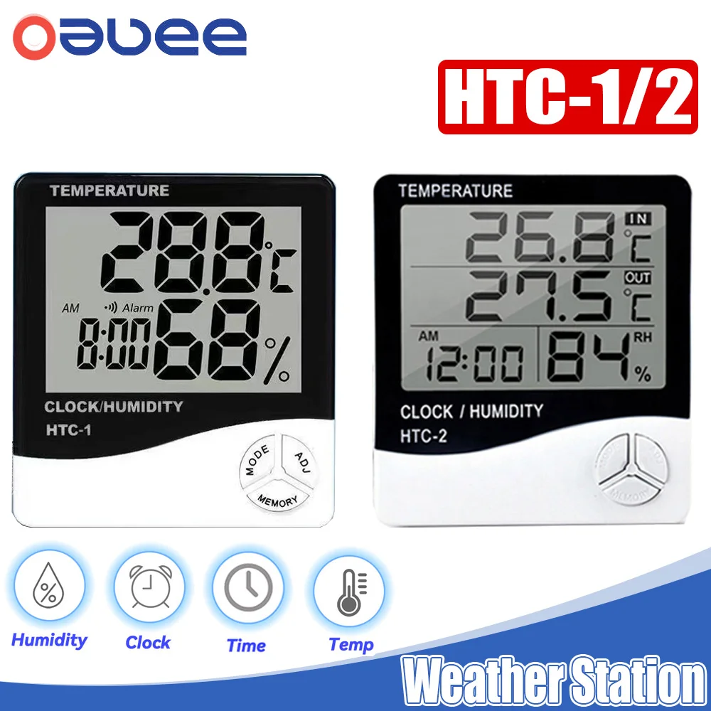 HTC-1/2 Environment Thermometer LCD Temperature Humidity Clock Meter External Station Outdoor Indoor Weather Station For Home