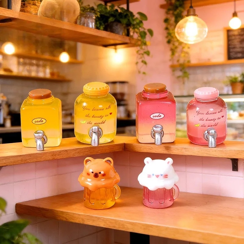 7PCS Mixed Beer Barrel Resin Charms Orange Pink Square Round Capybara Cat Cup Dollhouse Desktop Decor