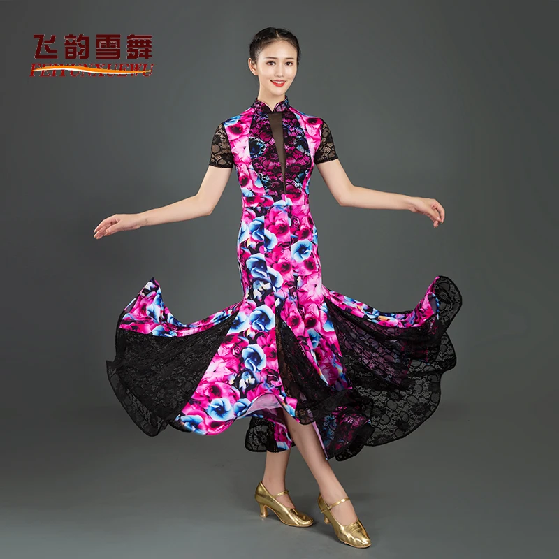 

Платье для латинских танцев, современное танцевальное платье, платье для бальных танцев, флаг для бальных танцев, тренировочное платье с воротником 085