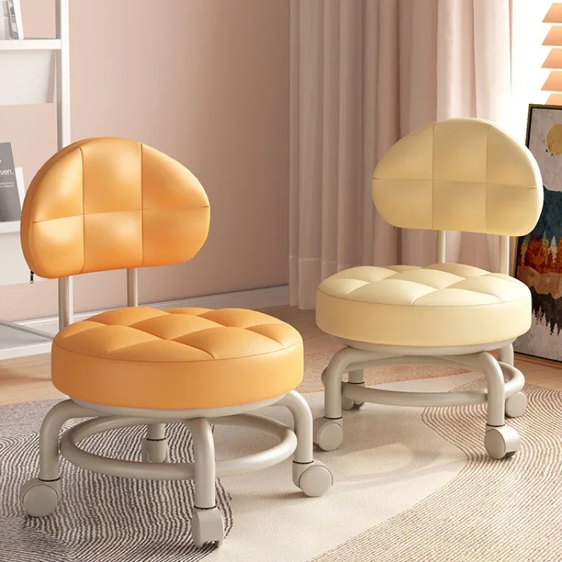 Exquisite Saddle Leather Small Stool Movable And Rotatable  Shoe Changing Stool With Backrest Living Room Pulley Stool