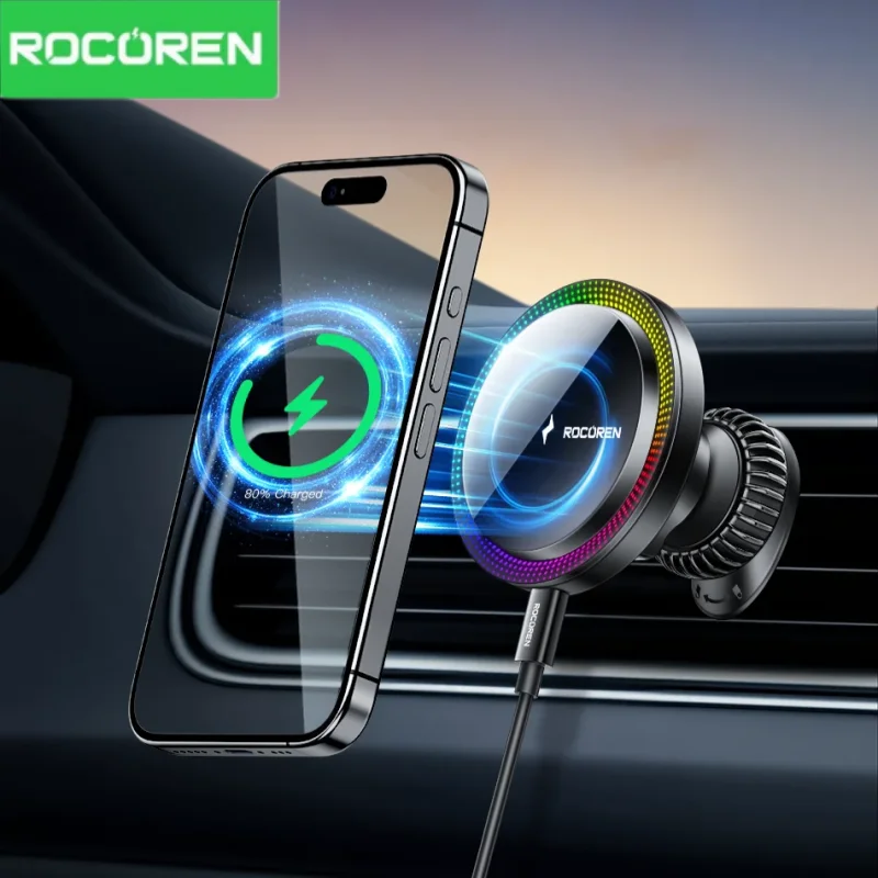 

Магнитный автомобильный держатель для телефона Rocoren, беспроводное зарядное устройство с быстрой зарядкой и RGB-подсветкой, магнитная автомобильная подставка для iPhone 15 14 13 Pro Max