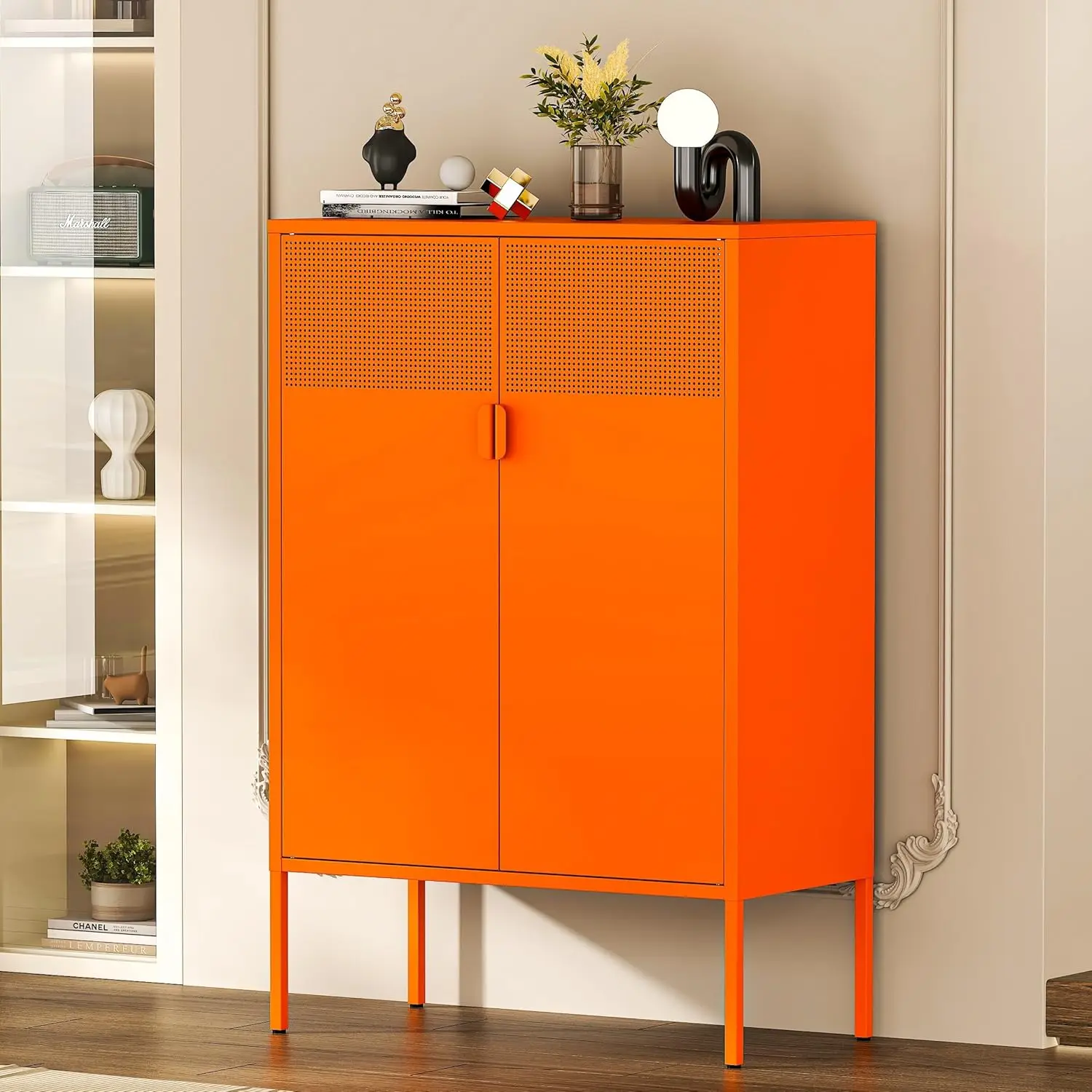 

Orange Metal Storage Cabinet,2 Door TV Stand, Metal Mesh Accent Cabinet,Magnetic Door Closure,Low Storage Cabinets with