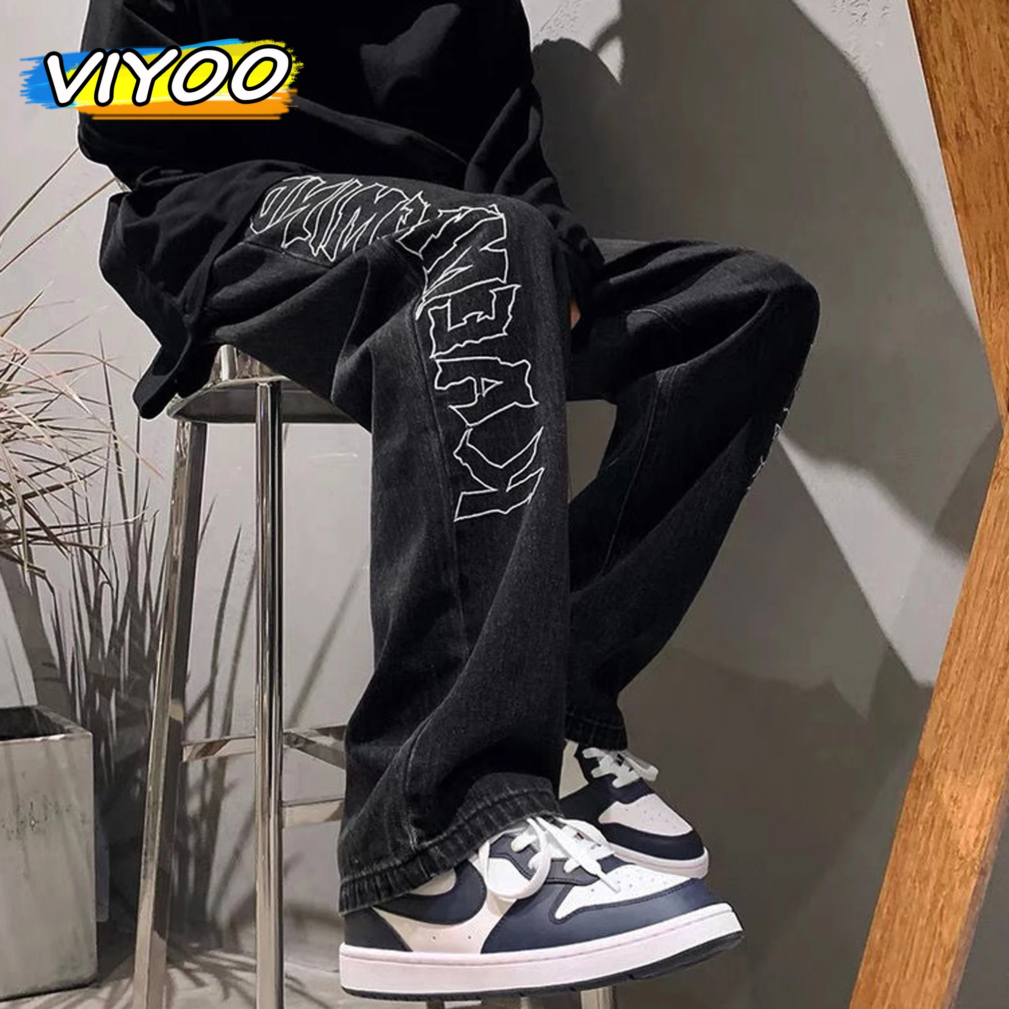 

Men's Women Hip Hop Male Black Printed Y2K Baggy Jeans Man Retro Vintage Denim Pants Straight Trousers Wide Leg Pants For Men