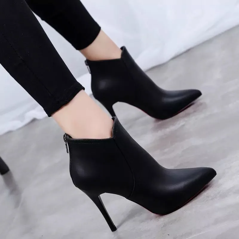 

Women Pumps High Quality Leather Ankle Boots Sexy Pointed High-heeled Short Boots for Women Plush Warm Winter Boots Botas Mujer