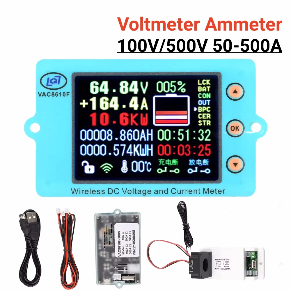 Medidor de Tensão sem Fio dc 500v 100a 200a 500a Voltímetro Amperímetro Carregamento de Bateria Solar Coulômetro Capacidade Detector de Energia Testador