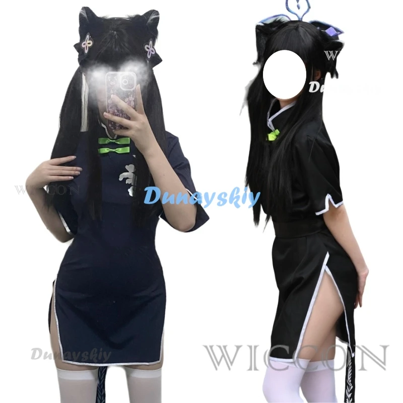 Anime Azul Arquivo Sunohara Shun Cosplay Suit, vestido azul escuro Cheongsam, grampos de cabelo, Halloween Roleplay para as Mulheres