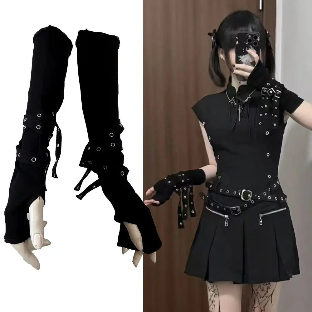 

1 Pair Cool Black Gothic Sun-protective Sleeve Punk Unisex Arm Warmer Harajuku Half-fingered Gloves Cuff with Buckle Ninja
