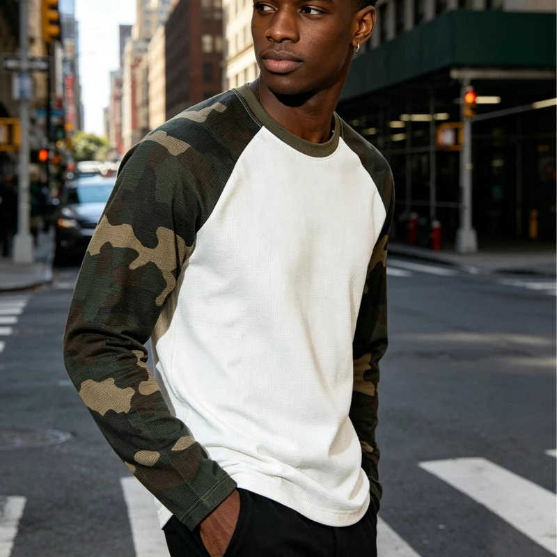 2026 New Camouflage Sleeve Black Waffle T-Shirt Men Hip Hop Streetwear Crew Neck Tops