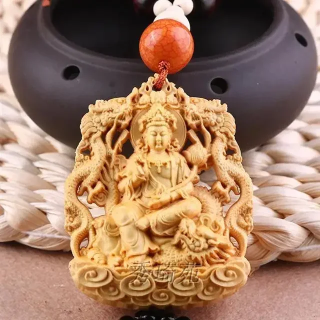 Car-mounted Guanyin Pendant Double-sided Boxwood Keep Peace Tathagata Maitreya Buddha Statue Car-mounted in-and-out High-grade