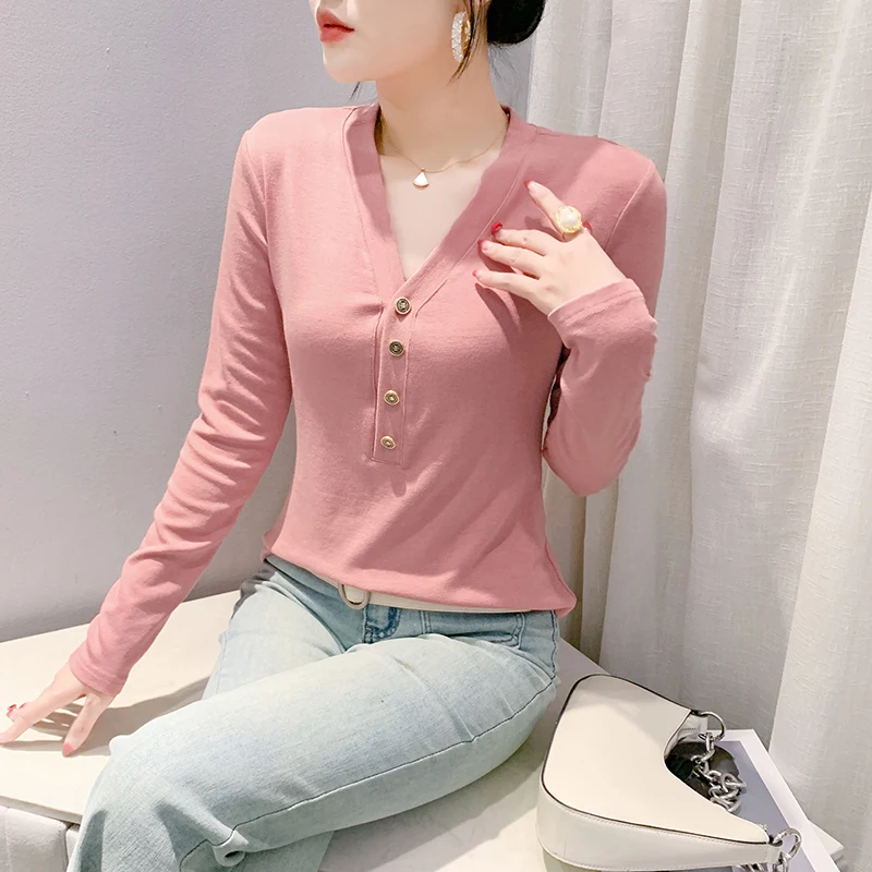 

2025,New,European,Clothes,Cotton,T-shirt,Fall,Winter,Sexy,Chic,V-Neck,Button,Women,Tops,Long Sleeve,Bottoming Shirt,Tees,410136