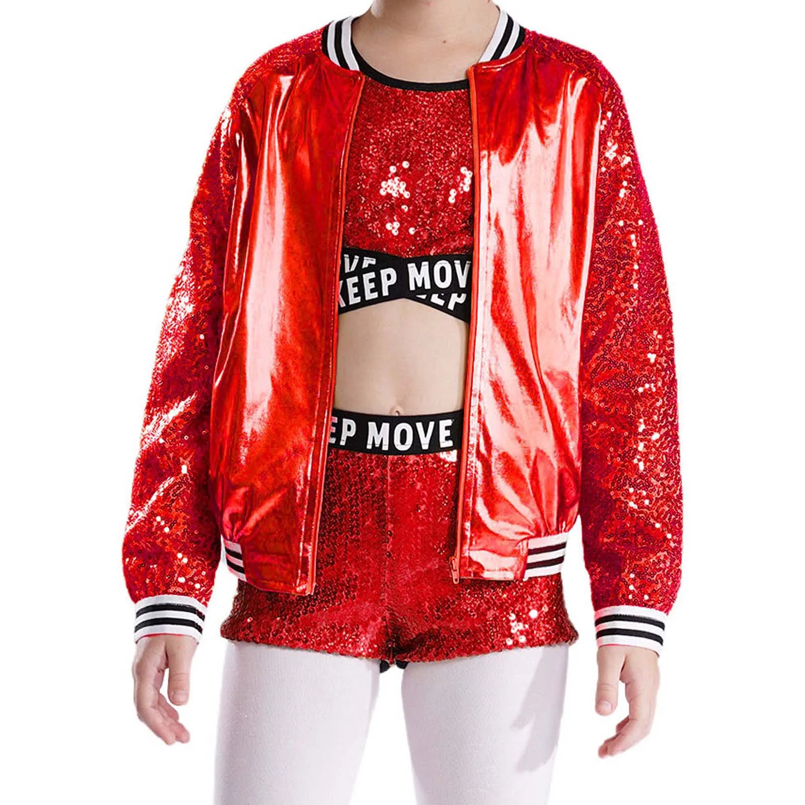 

Kids Girls Shiny Metallic Modern Hip Hop Jazz Dance Jacket Sequins Long Sleeve Zipper Coat Outerwear Stage Performance Dancewear
