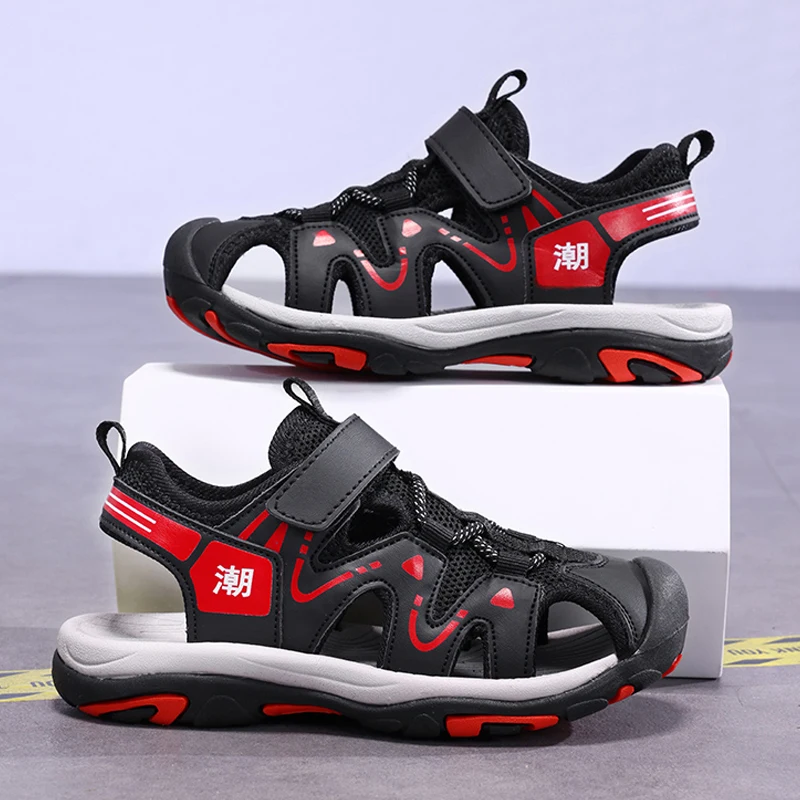 

Роскошные сандалии для мальчиков, летняя уличная пляжная обувь, дышащая нескользящая водонепроницаемая спортивная обувь на плоской подошве с защитой пальцев, сандалии для мальчиков