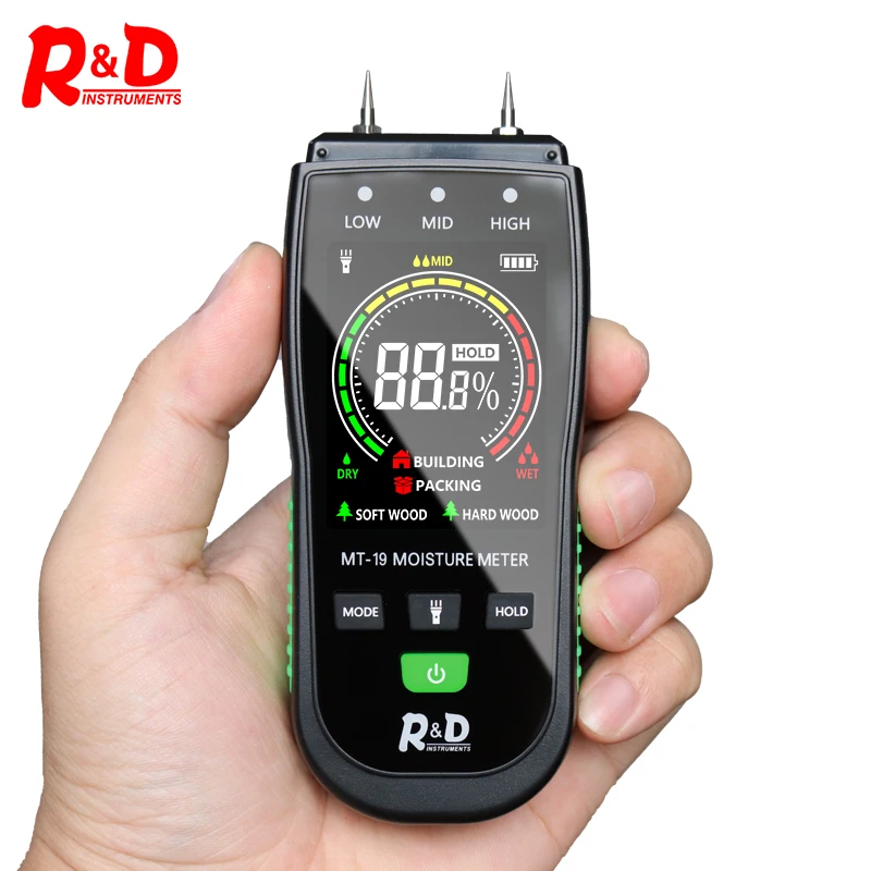 R&D MT19C Wood Moisture Meter Wall Water Tester Digital Humidity Meter Two Pins Hygrometer Concrete Cement Brick Detector