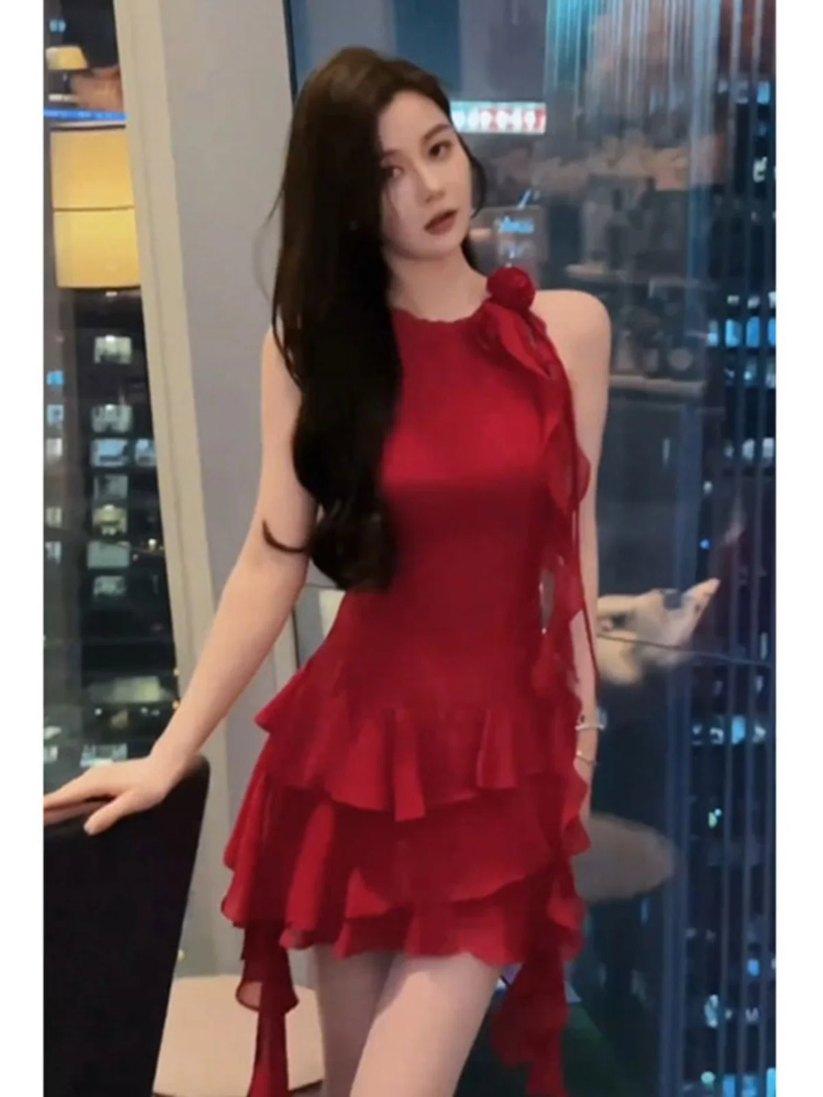 

Unique Beautiful Red Off-Shoulder Dress Korean Style Date Night Sexy Neck Hanging Skirt Asymmetrical Silhouette City Commute