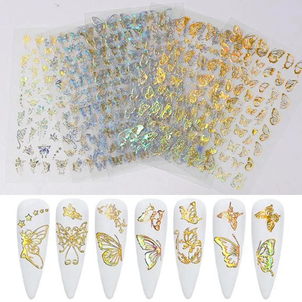 12 Stuks Laser Goud Holle Vlinder Stickers 3d Stereoscopische Vlinder Nagel Stickers Zelfklevend Schuifregelaar Accessoire Voor Diy Manicure