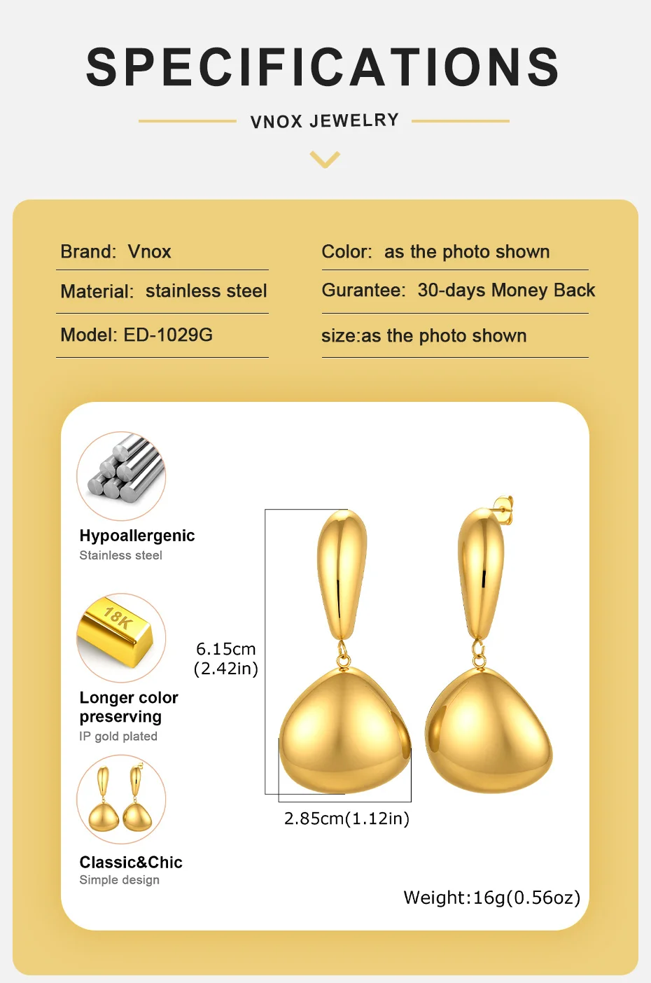 Vnox Trendige Vergoldete Hängeohrringe für Damen, Minimalistische Ovale Polierte Creolen aus Edelstahl, Schmuck für den Alltag und als Geschenk für Partys – Detail 4