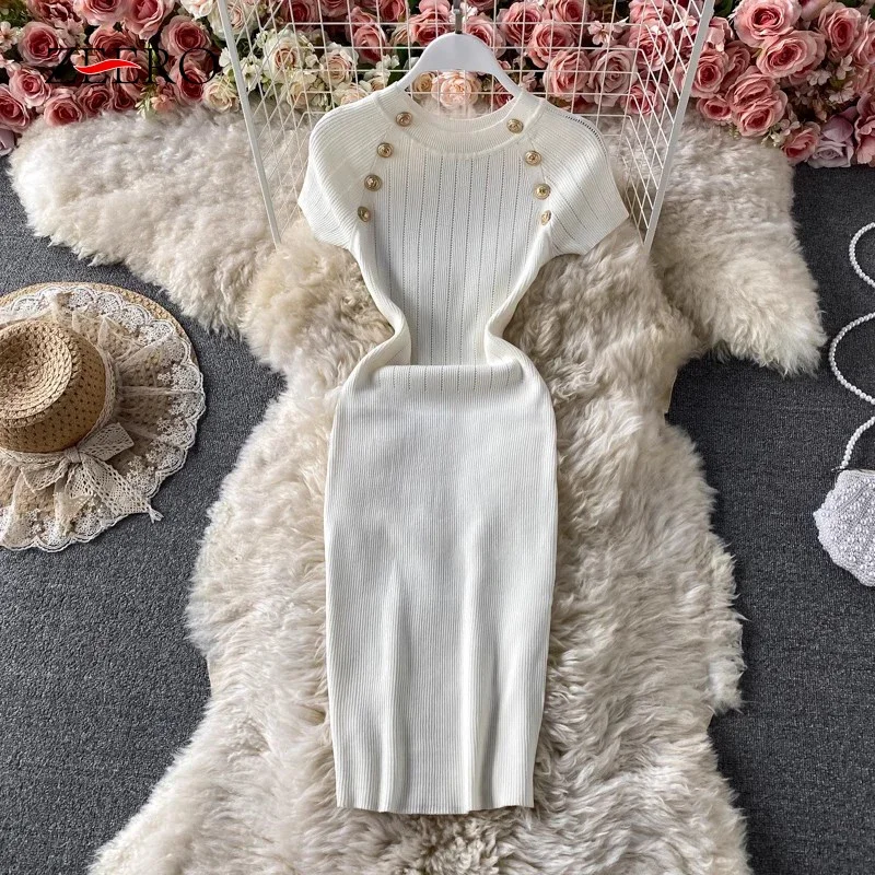 

Summer Women White Sexy Gold Buttons Short Sleeve Mini Package Hip Knitted Dresses Elegant Female Casual Pockets Knitwear Dress