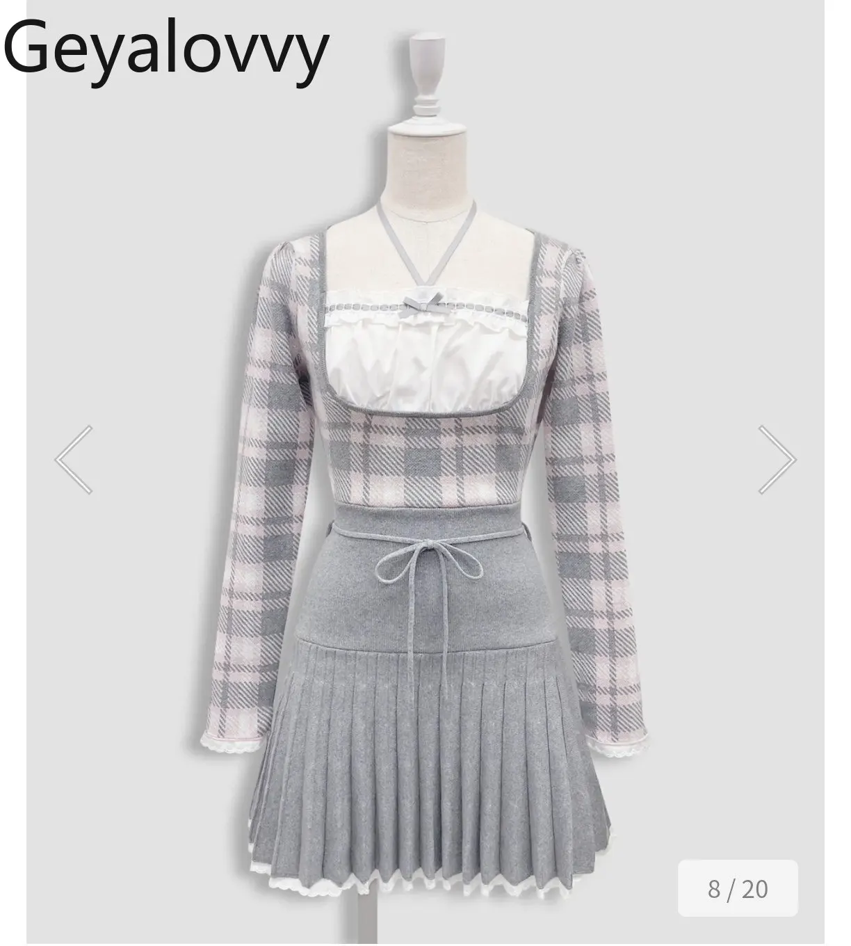 和風ホルターネックフレンチスリムスイートチェック柄プリーツニットワンピース2026新作ハイウエストスリム長袖パッチワークワンピース