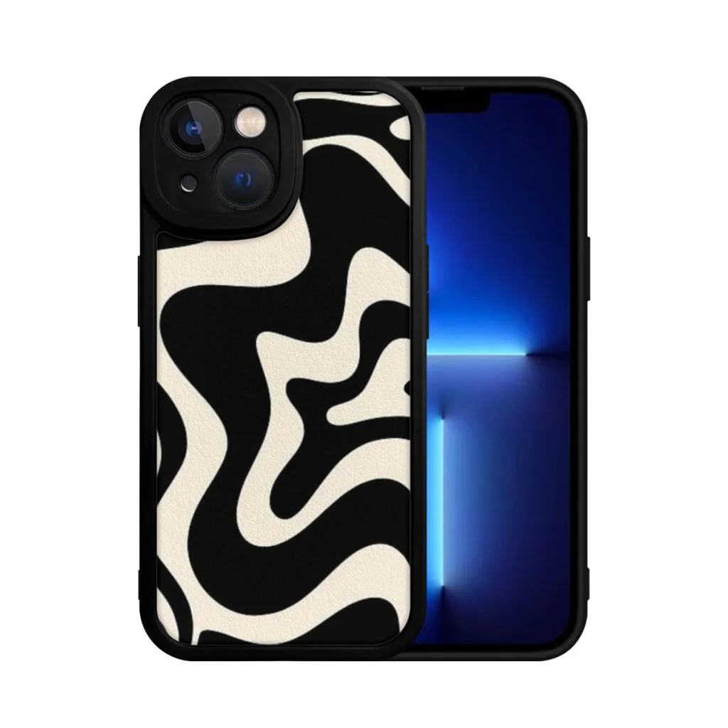 Phone Case For iPhone 15 Pro Max Silicone Shell Retro Liquid Swirl Abstract Pattern in Black and Almond Cream