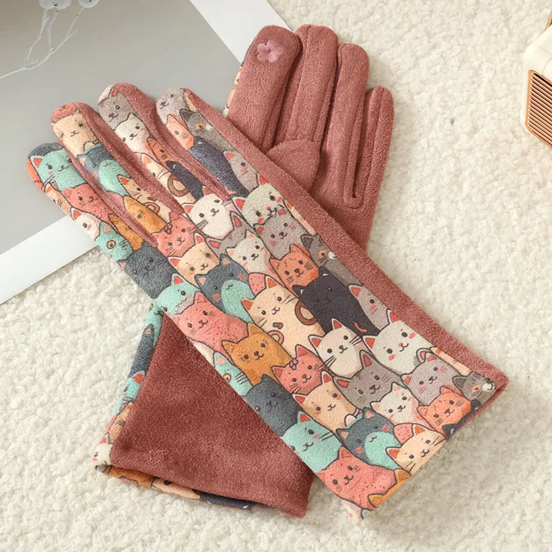 الكرتون الطباعة لطيف القط الكلب النفط اللوحة الجلد المدبوغ قفازات النساء الشتاء سميكة الدافئة لمس قفازات طالب فتاة منع البرد #3