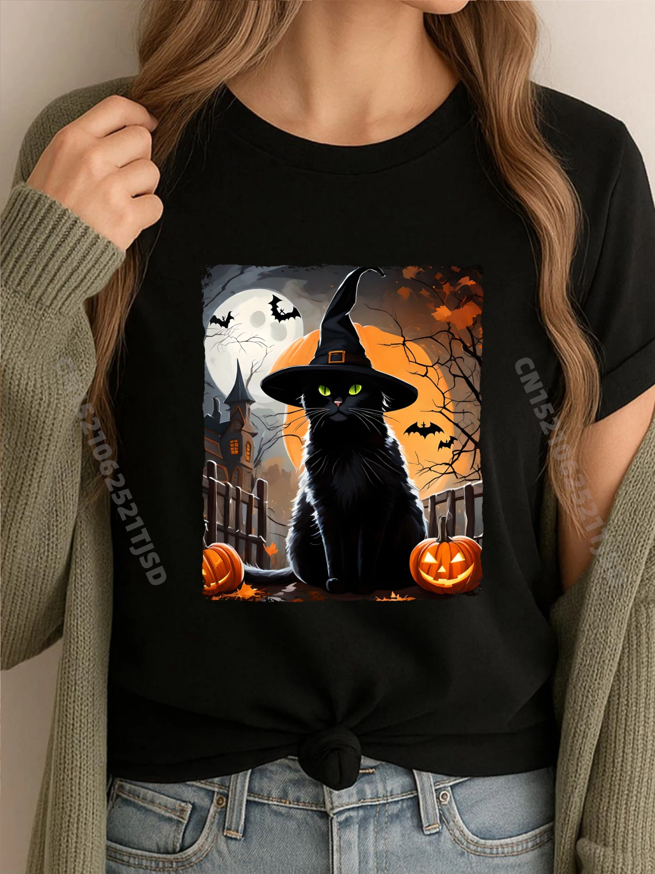 

Хэллоуин Черная Кот Шляпа Жуткий Кот и Тыква Брендовая Футболка Футболка С Коротким Рукавом Женская Европейская РАЗМЕР Группа