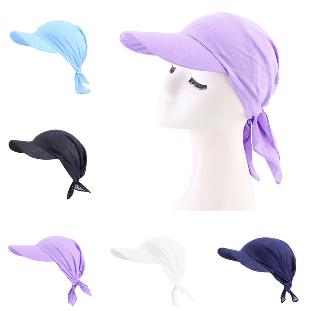 

Women Brim Cap Sun Visor with Pre-Tied Turban Caps Head Scarf Hijab Soild Color Muslim Beach Female Fashion Outdoor Hat Casual