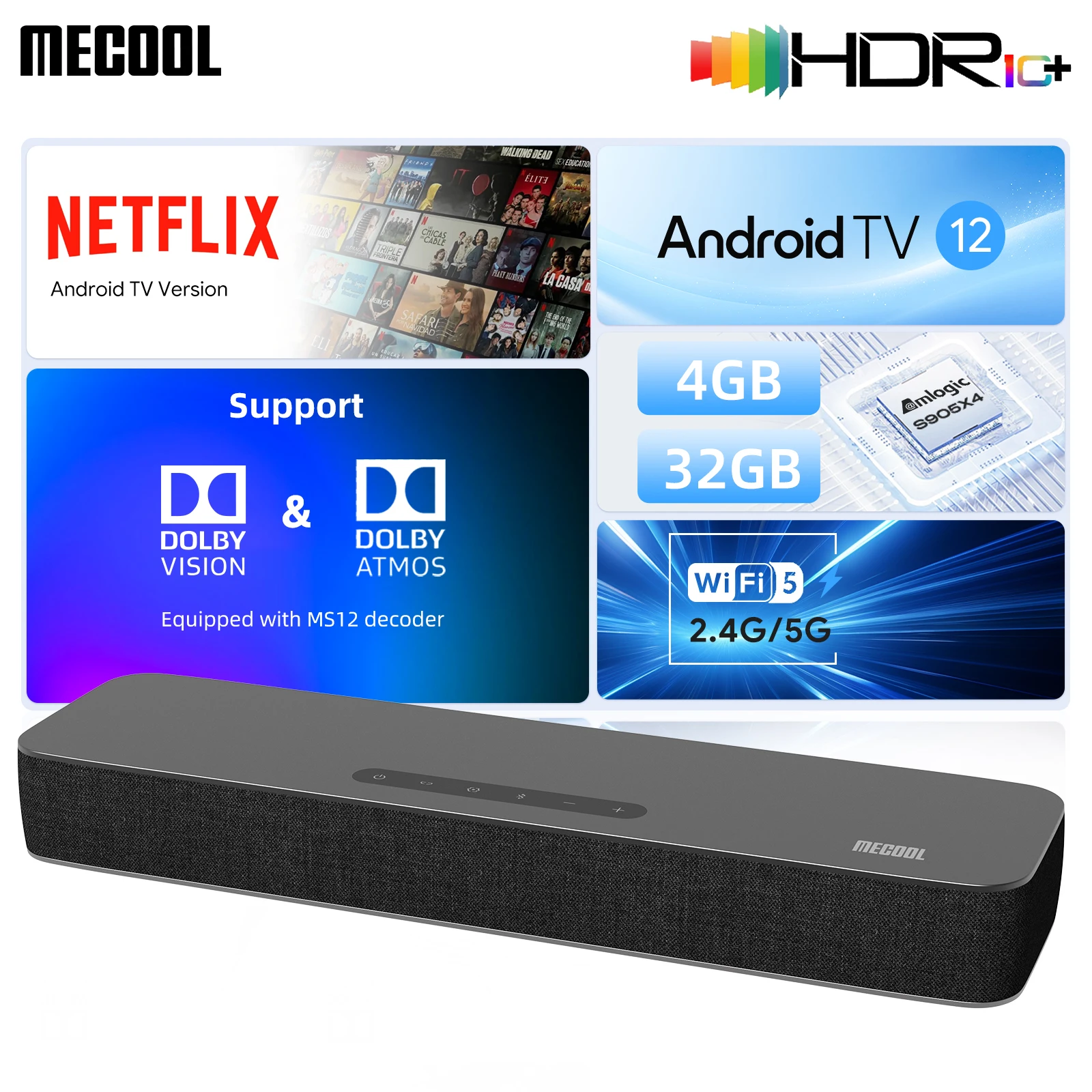 MECOOL Soundbar Android 12 Google Netflix Certified Dolby Atmos Dolby Vision 4+32G Surround Sound Home Media Theater
