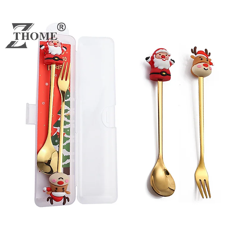 New 2PCS Christmas Tableware Set Stainless Coffee Dessert Spoons Fork Xmas Gifts Christmas Decoration New Year Home Decor