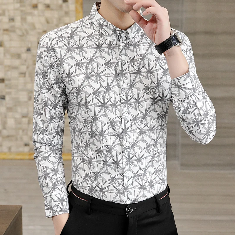 Gentleman Creative 3D Printing Casual Slim Long Sleeve Men Shirt Autumn High Quality Polyester Anti-Wrinkle Luxury Chemise Homme