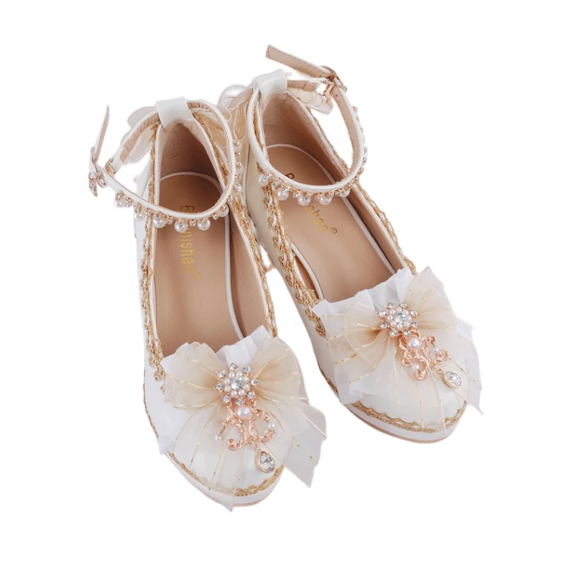 Tea Party Sweet Female Lolita Wedding Shoes Diamond Lace Bow Slingbacks Pumps Pointed Toe Ankle Strap Sandals Japanese Lolita