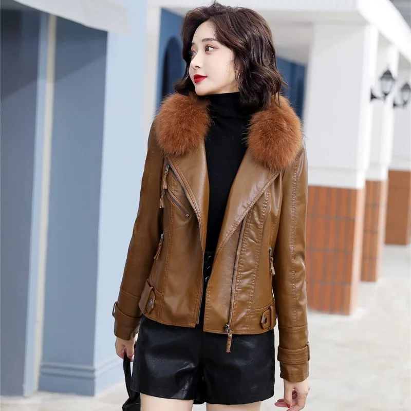 2023 Winter neue Frauen kurze Lederjacke Fuchs Pelz kragen verdickte thermische Slim Fit Ledermantel Mode einfarbige Outwear