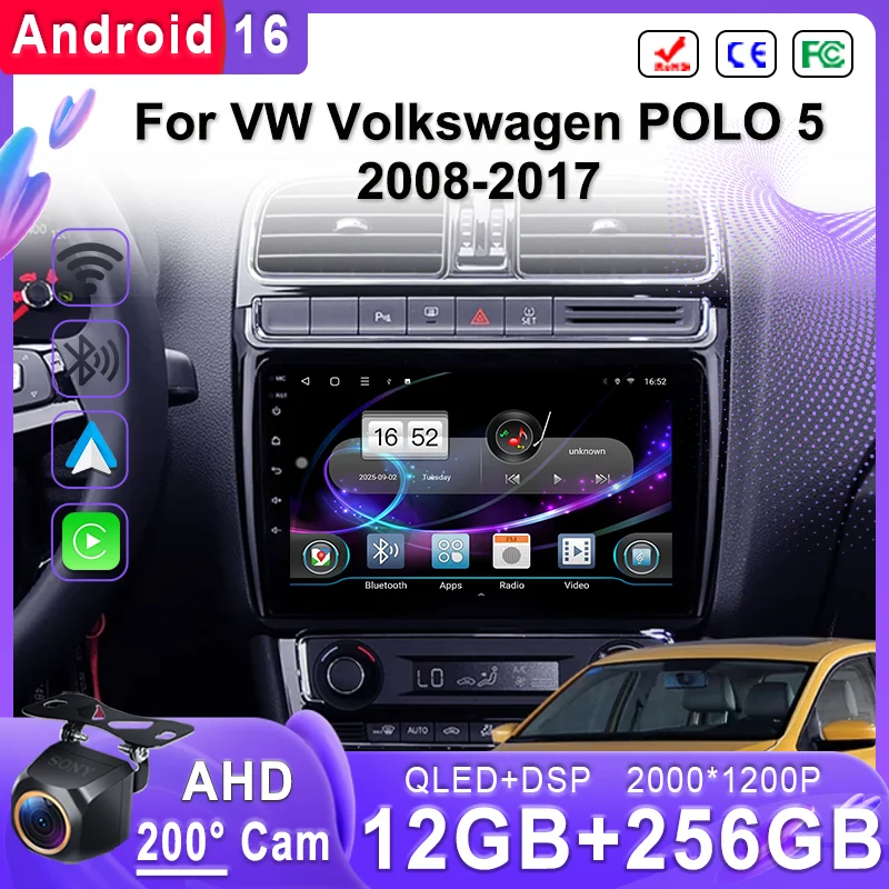 

Android 16 Carplay Auto For VW Volkswagen POLO 5 2008 - 2017 Car Radio Multimedia Video Player Navigation GPS No 2Din 2 Din DVD
