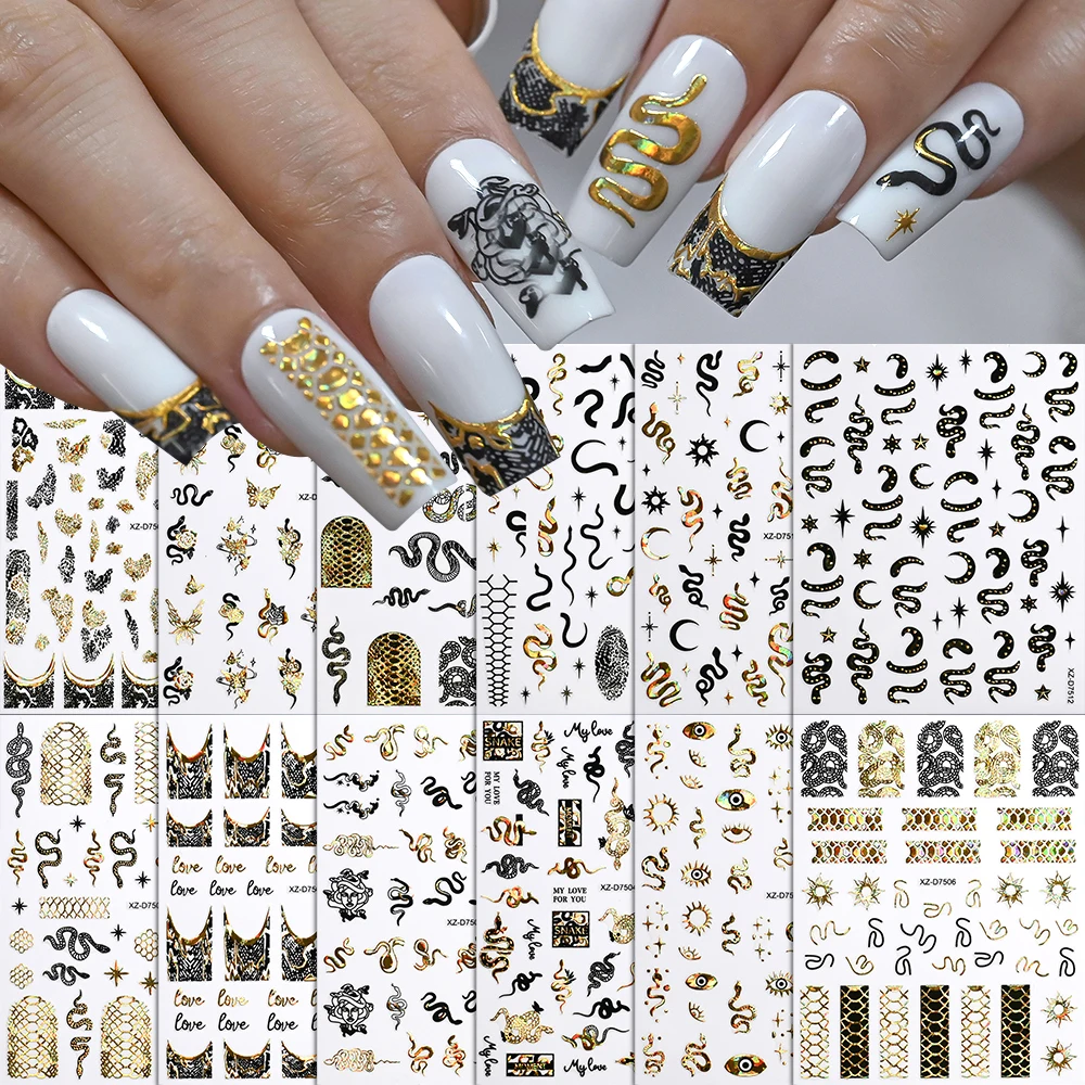 

12pcs Laser Gold Snake Nail Art Sticker 3D Black Golden Lace Snake Sexy Nail Decals 10*8cm Self-Adhesive Serpent Manicure Decora