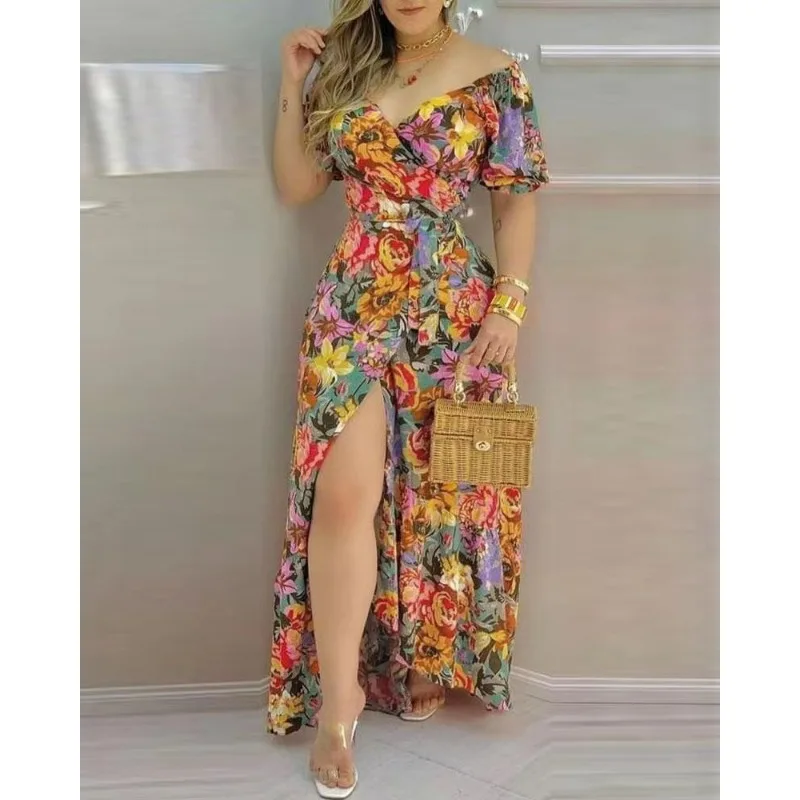 2024 Spring Summer New Women\'s Short Sleeve Printed V-neck Waist-Controlled Lace-up Dress Long Dress Floral Flower Printed