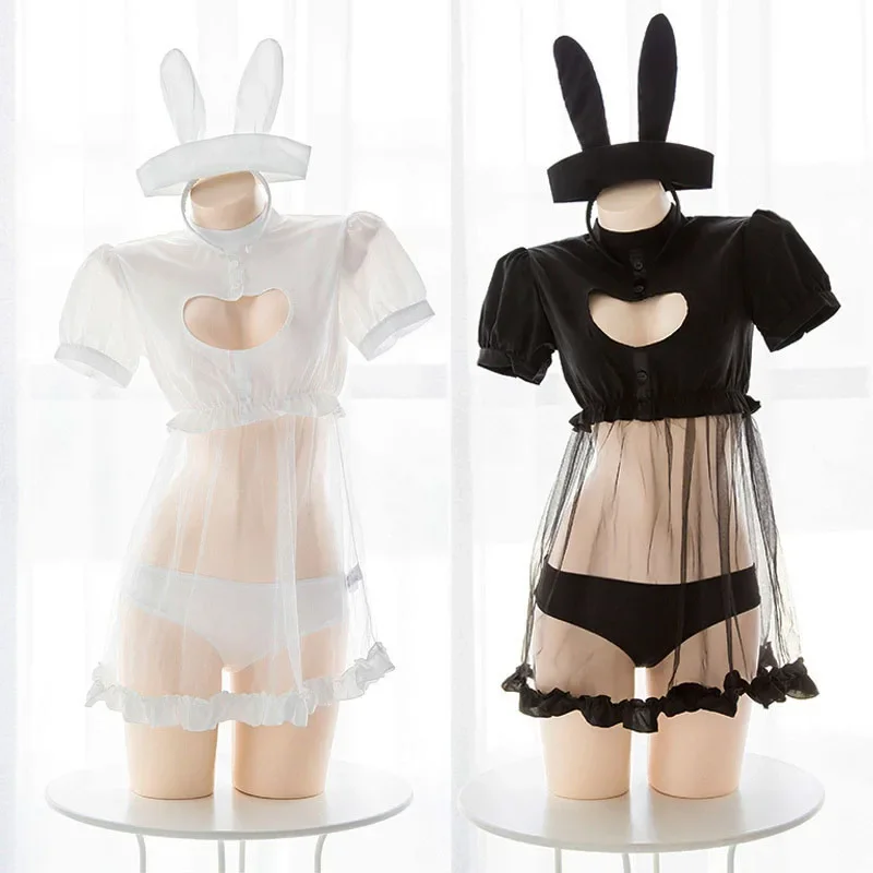 

Lolita Rabbit Nurse Cosplay Uniform Love Heart Hollow Out Perspective Nightdress Women Cute Sexy Lingerie Suit With Tail