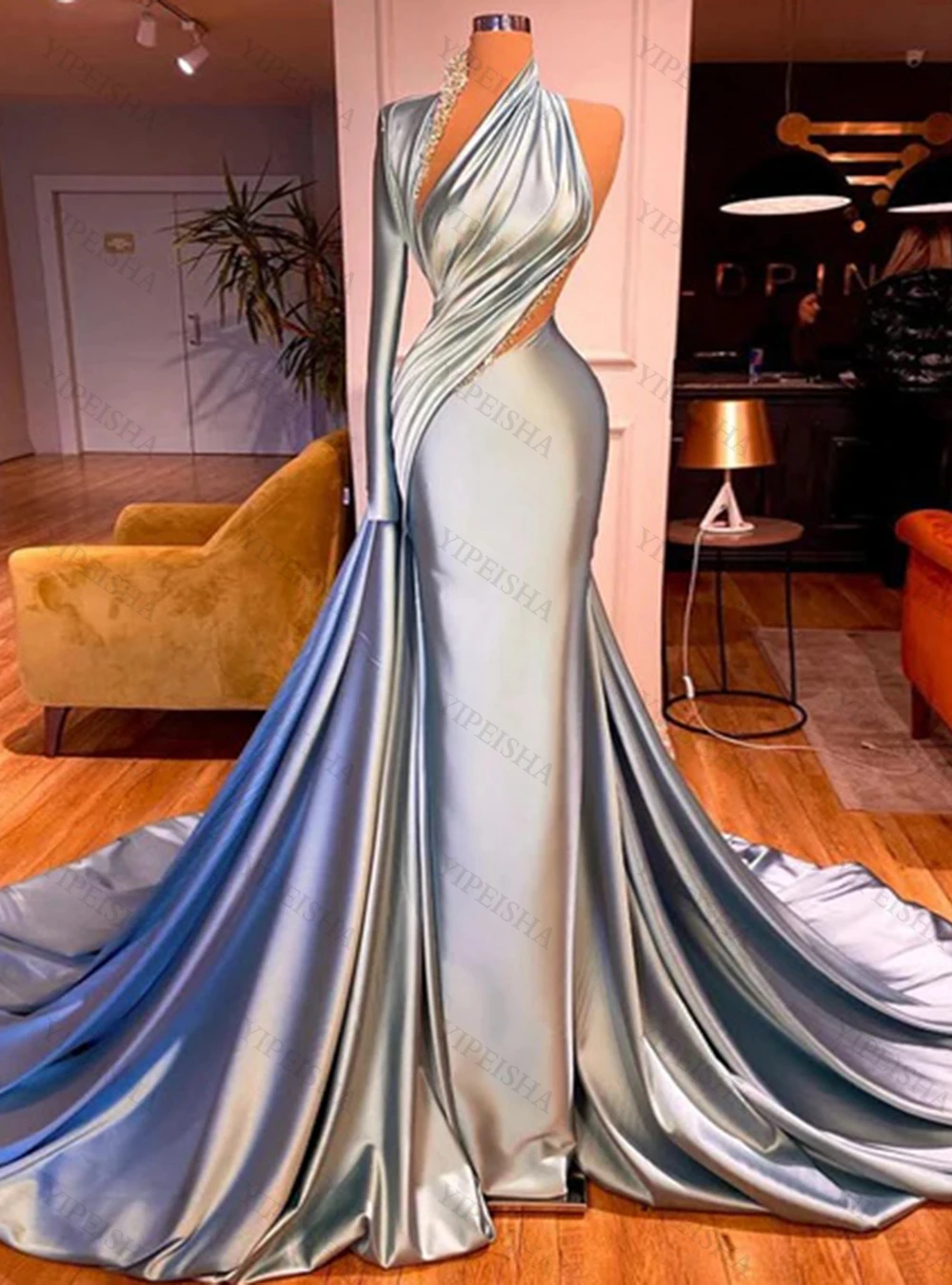 

Sexy Mermaid Formal Evening Dresses Backless High Neck One-Shoulder Sweep Train Beading Long Satin Prom Party Gown