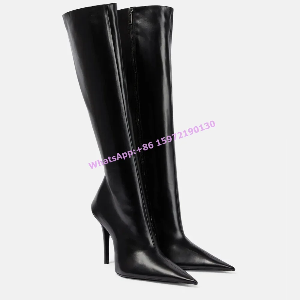 

Strange Style Heels Black Long Boots Pointy Toe Side Zipper Solid Leather Knee High Big Size Knight Boots Women's Winter Shoes