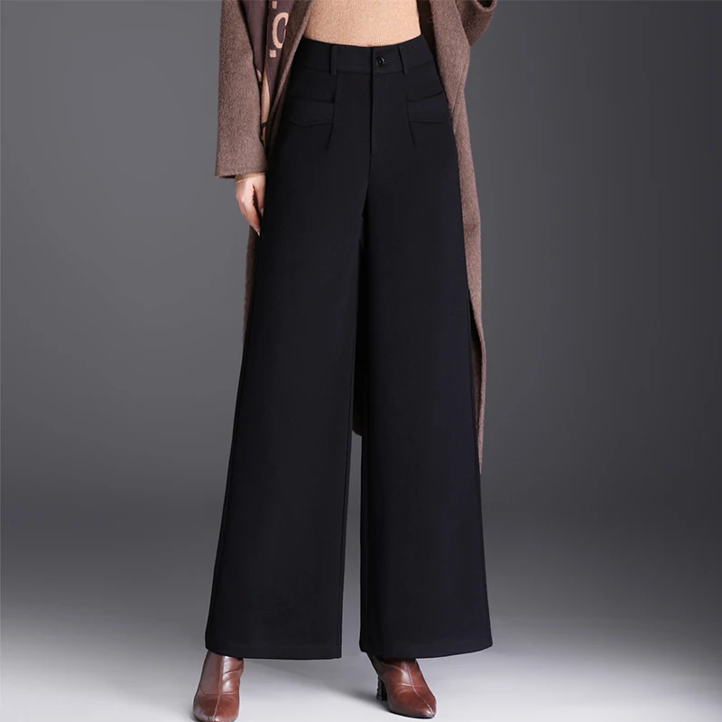 ZUZK 패션 신상 울 와이드 레그 팬츠 겨울용 따뜻한 하이웨이스트 캐주얼 스트레이트 롱 팬츠 플러스 사이즈 6가지 색상 캐주얼 시크 여성용