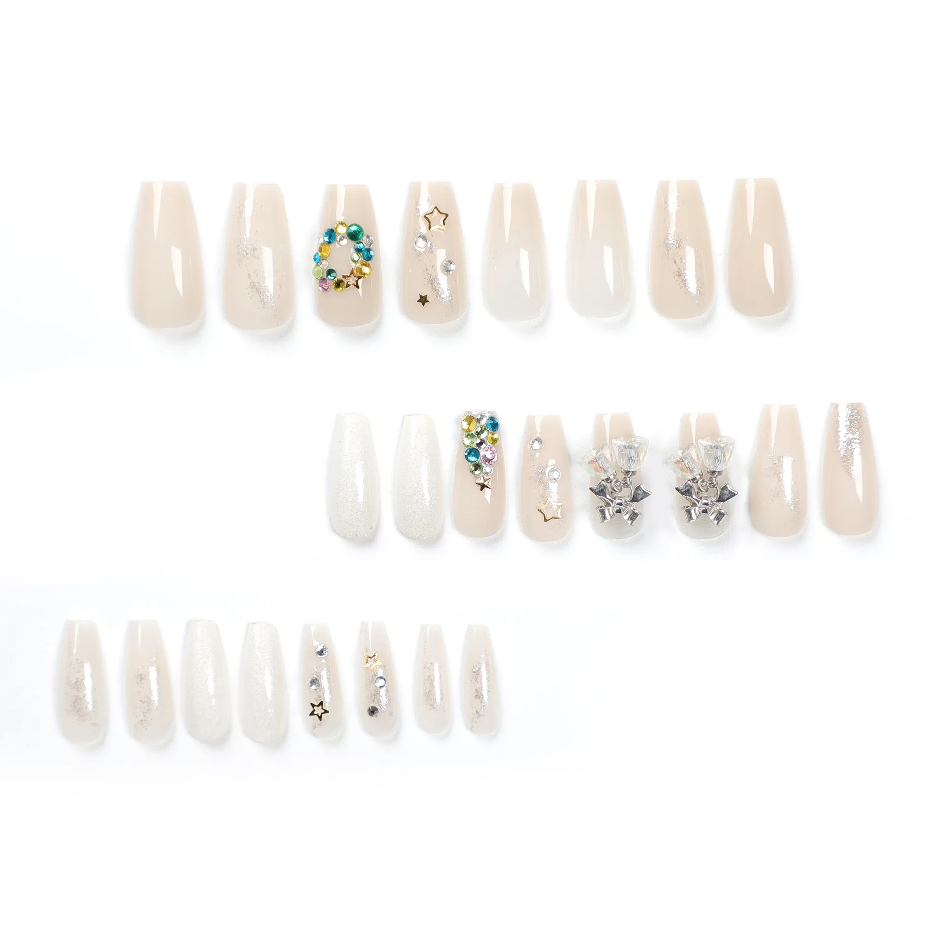 24PCS 3D Christmas Press-On Nails - Glittering Bows & Bell Charms with Diamond Stars Long European Square