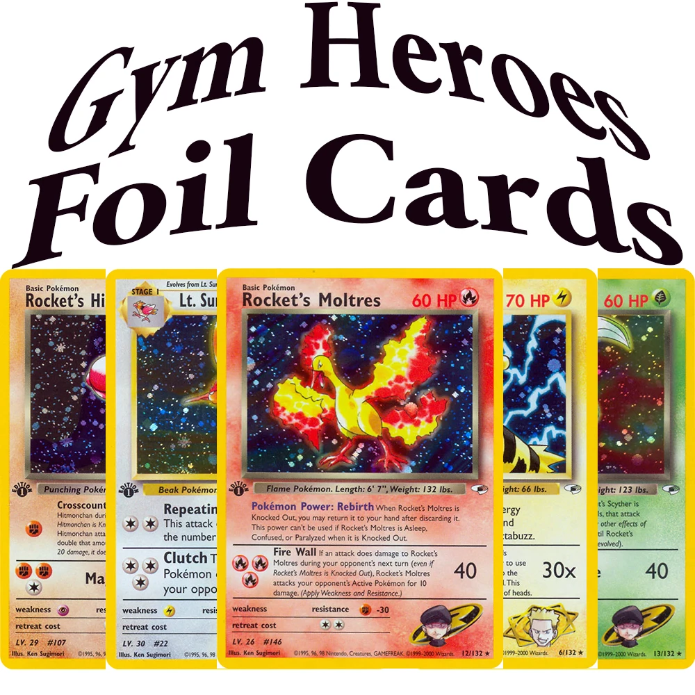 

Коллекционные карты PKM Gym Heroes G1: Сабрина (Генгар), Блейн (Молтрес), Эрика (Драгонэйр), Рокет (Сайтер/Молтрес), Мисти (карты)