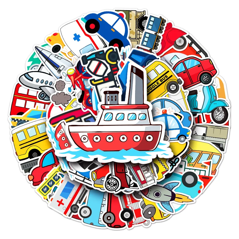 10/25/50pcs Transports Stickers Cartoon Cars Airplanes for Gift Room Learning Wall Decals Travel Luggage phone helmet