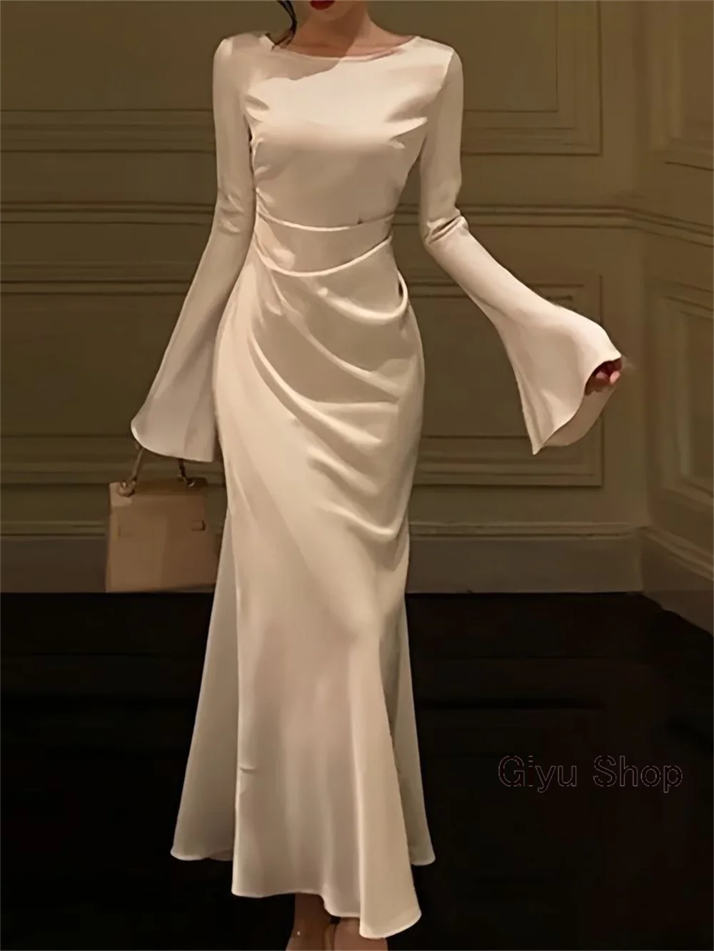 Giyu Elegant Pleat Evening Gown Dress O-Neck Mermaid Trumpet Tea-length Wedding Party Dress Vestidos De Noche 2024