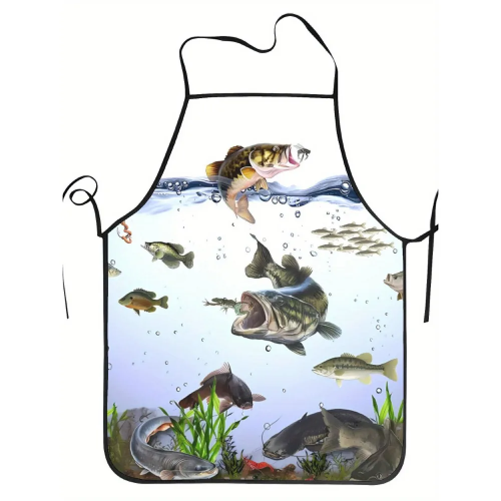 

Creative Bass Fish Print Apron Waterproof Fishing Theme Kitchen Cooking Bib for Men Women Household Grilling Cover