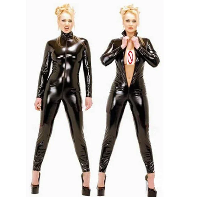 M-XXL Women 2way Zipper Open Crotch Faux Leather Catsuit Clubwear DS Latex Cat Women s Fancy Costume Jumpsuit