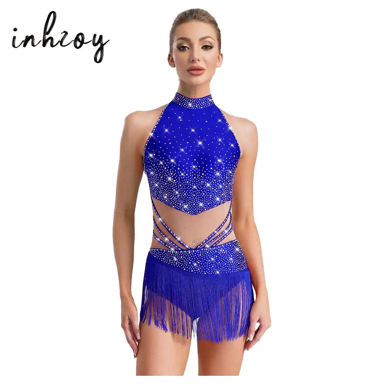 

Women Latin Dance Leotard Dress Sleeveless Mock Neck Patchwork Rhinestones Tassels Adorned Leotard for Gymnastics Competition