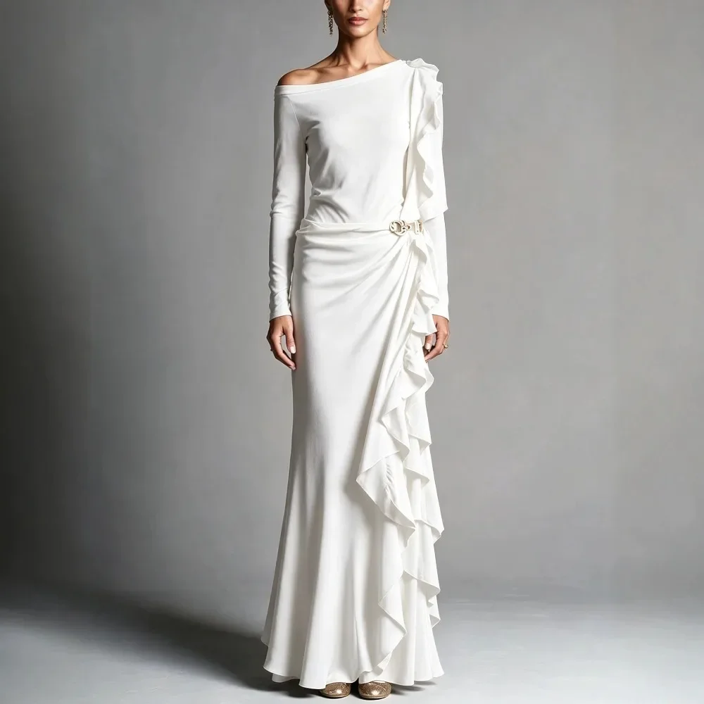 Women One Shoulder Off Shoulder Ruffle Maxi Dress Solid Color Tie Waist Elegant Evening Gown Slim Fit Flattering Party New