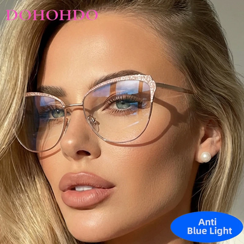

Metal Cat Eye Paillette Blue Light Blocking Glasses Men Women Trend Brand Designer Computer Optical Eye Protection Eyeglasses