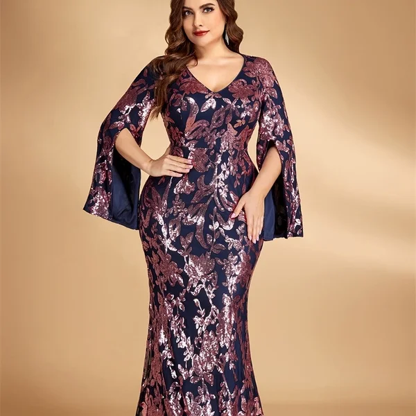 

Вечернее платье с пайетками и длинными рукавами, женское, больших размеров, с юбкой-русалкой, низкой талией, из синтетического волокна, для торжественных мероприятий