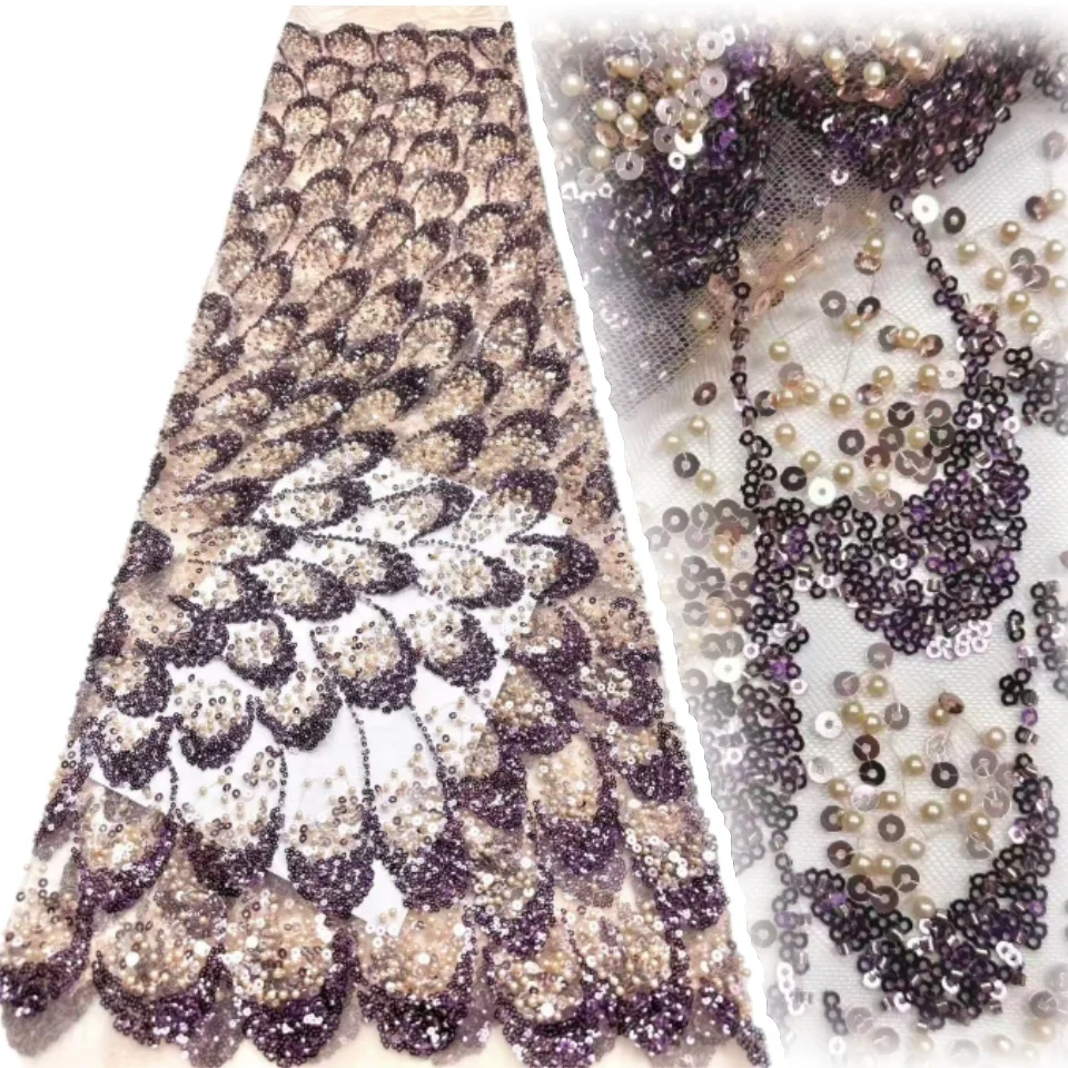 

Элитная африканская кружевная ткань с бисером 5Y, высококачественная нигерийская французская кружевная ткань с пайетками 2026, идеально подходит для пошива вечерних платьев 2312