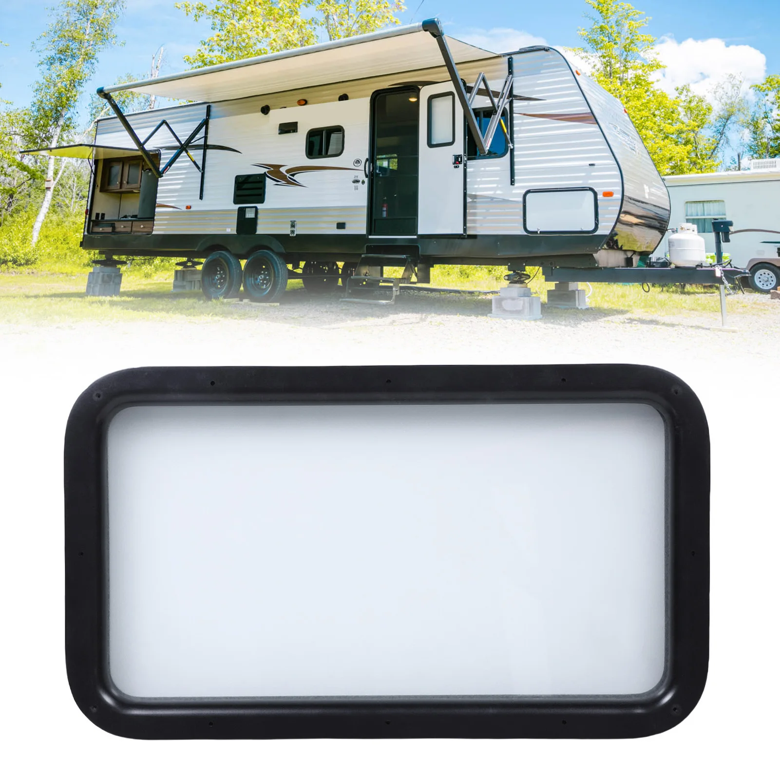 RV Entry Door Window Assembly - Frosted Opaque Glass with Interior/Exterior Frames for Motorhome, Travel Trailer, Camper